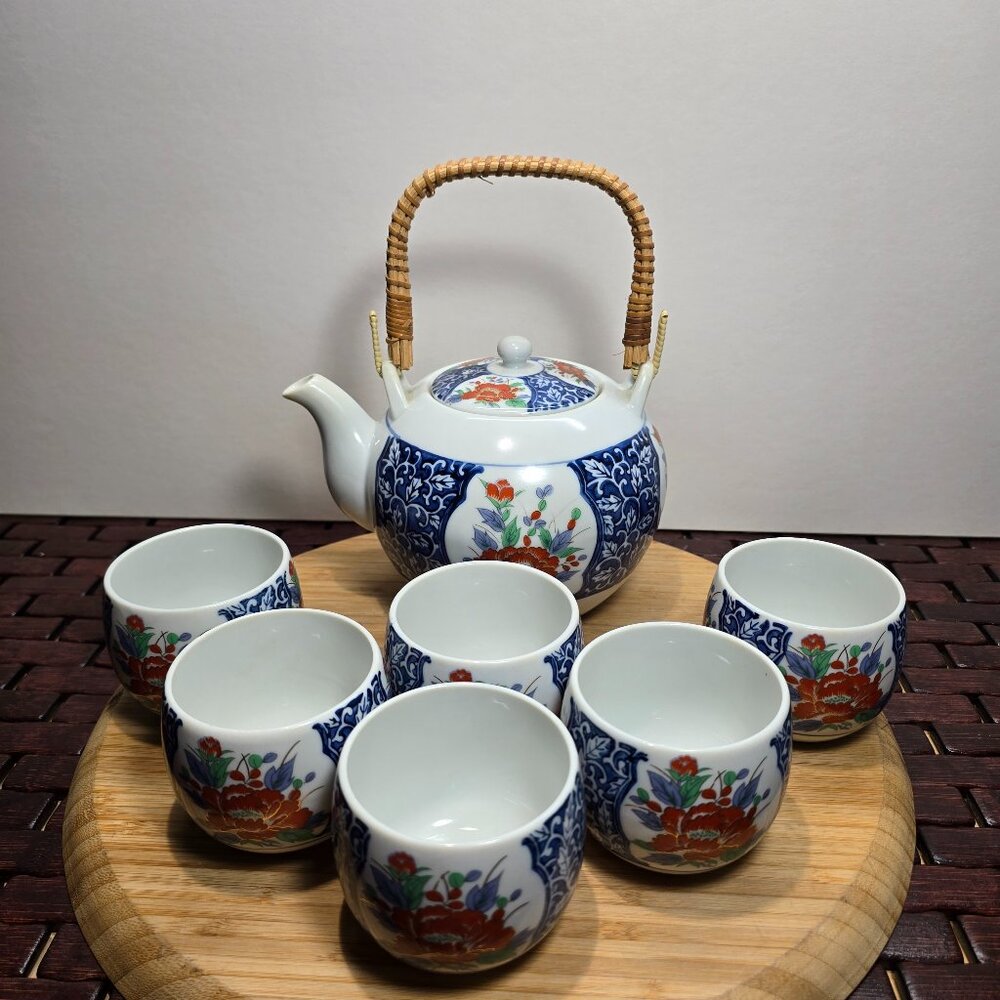 Vintage OMC Imari Bamboo Handle Japanese Porcelain Tea Pot with Lid & 6 Cup Set